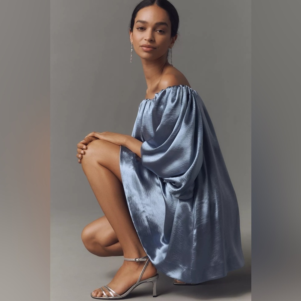 NWT! Anthropologie Mare Mare Off-The-Shoulder Puff-Sleeve Shine Mini Dress 🖼️🎡